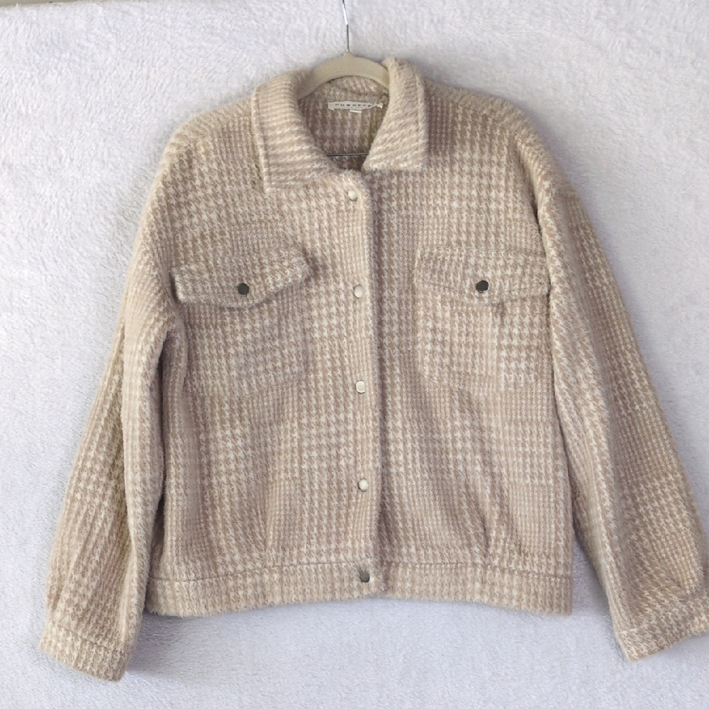 DownEast Women's Faux Fur Houndstooth Snap Button Collared Jacket Size Sโ